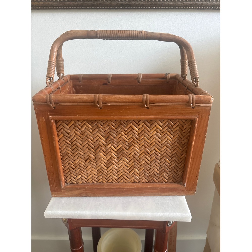 Vintage Woven Rattan Bamboo Wood Rectangular Basket w/ Bamboo Swing Handles MCM